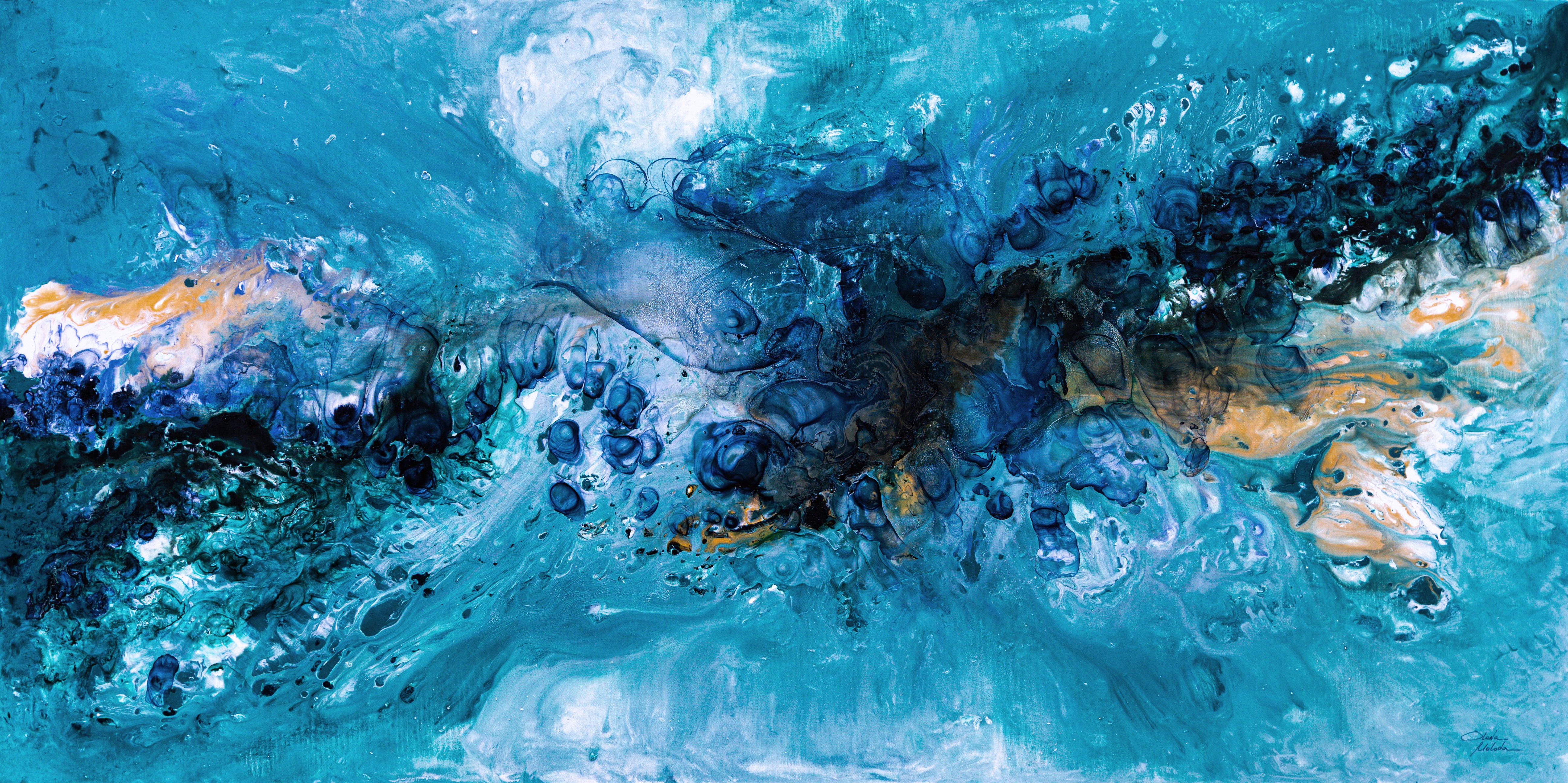 Abstract Canvas Art, Blue Turquoise Flow with Gold Details, 160x80cm, Mona10