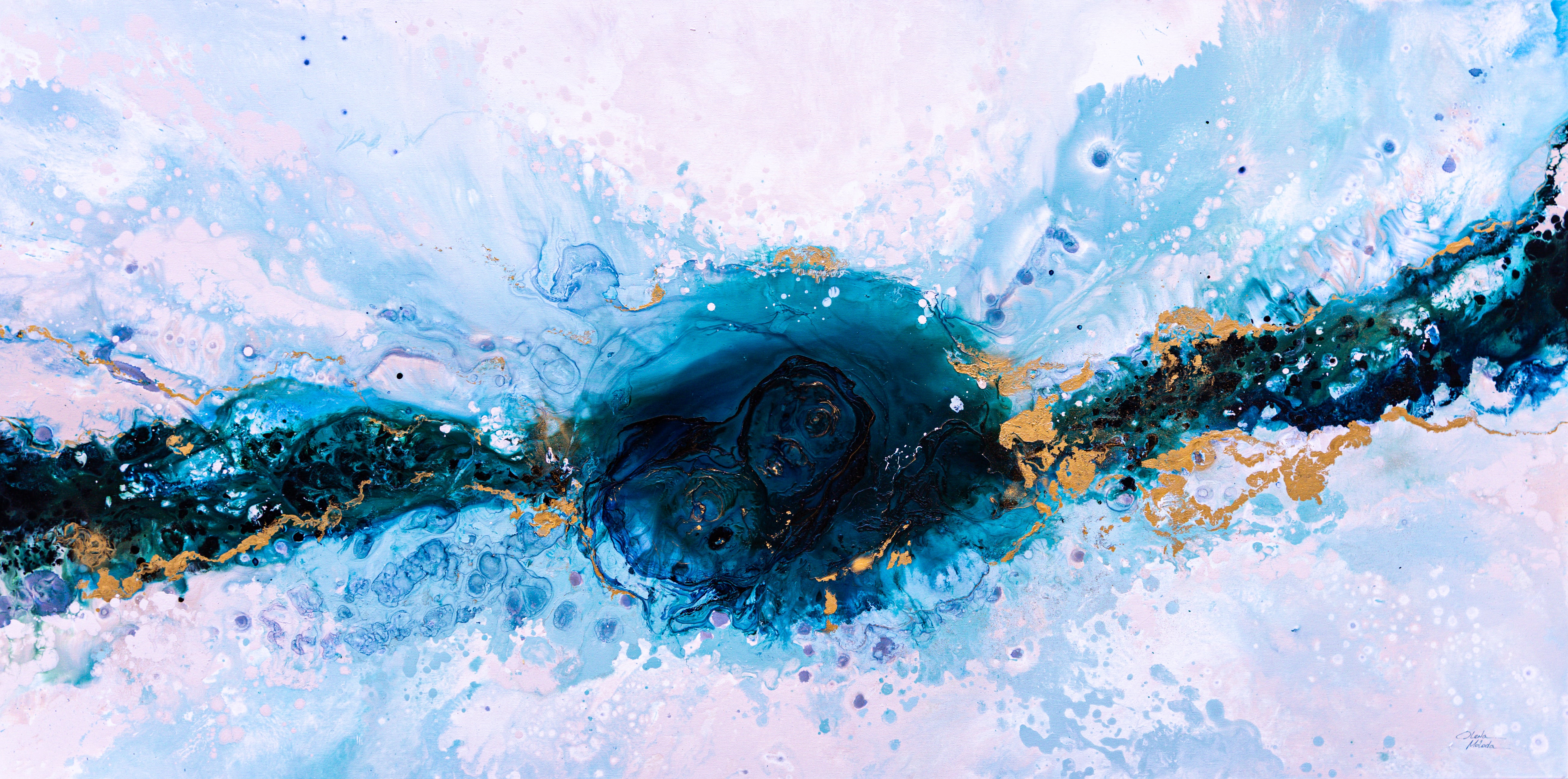 Modern Abstract Painting, Turquoise Blue and Gold on Canvas; 160x80cm, MoNa11