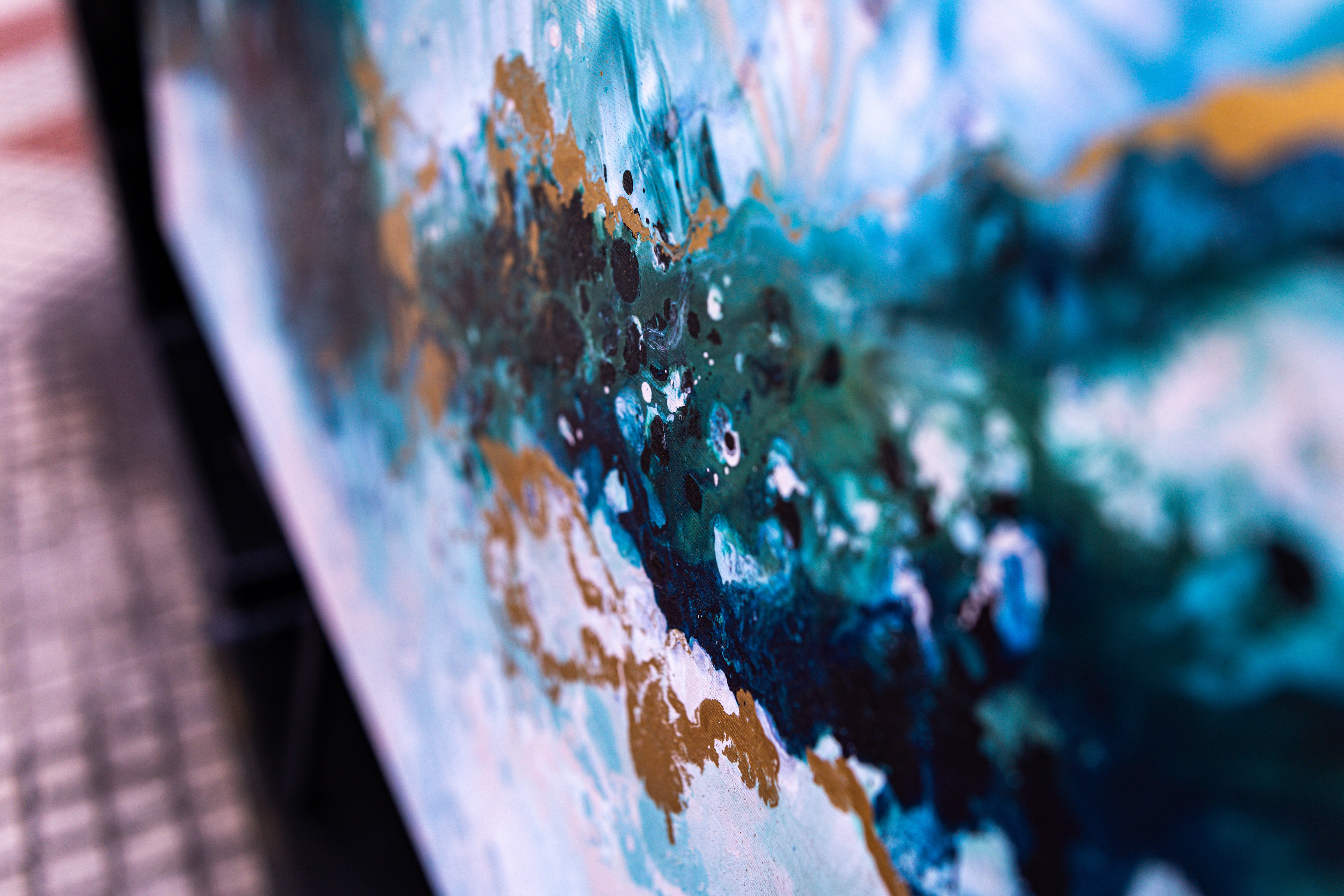 Modern Abstract Painting, Turquoise Blue and Gold on Canvas; 160x80cm, MoNa11