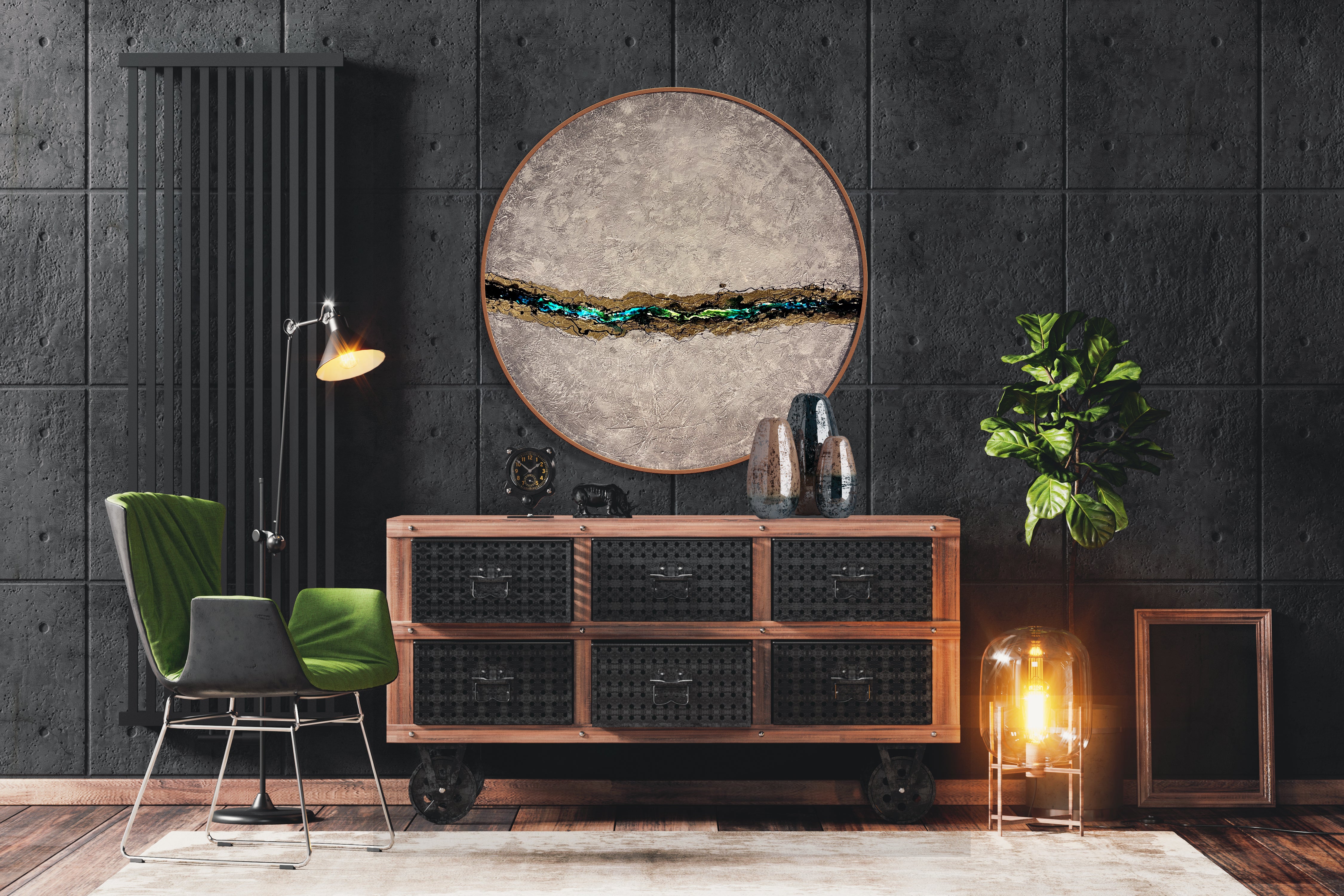 Moltenism, Original painting on Canvas, 90cm, Round, 'Emerald Harmony'