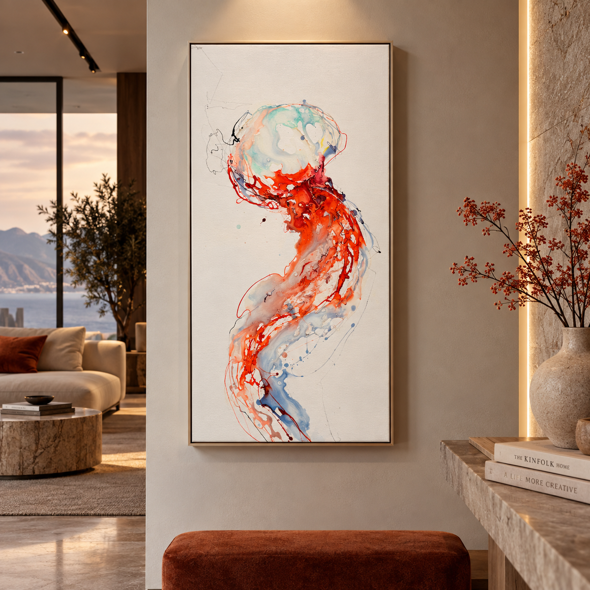 Blue Stillness – Jellyfish Moltenism Painting, 40x80cm