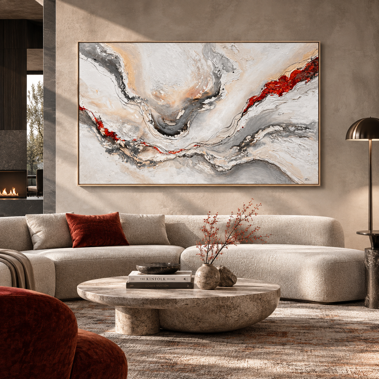 Crimson Flow | Large Neutral Abstract Painting 100 × 160 cm