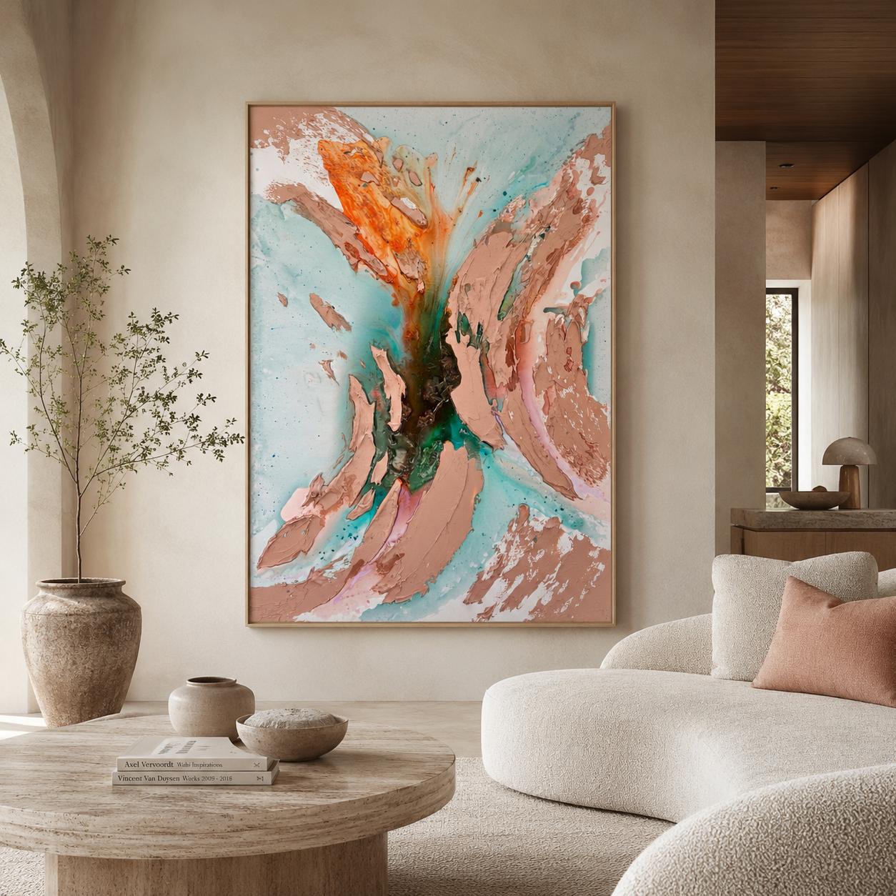 Breaking Into Light – Large Textured Aqua and Cappucino Abstract Painting, 89x130cm