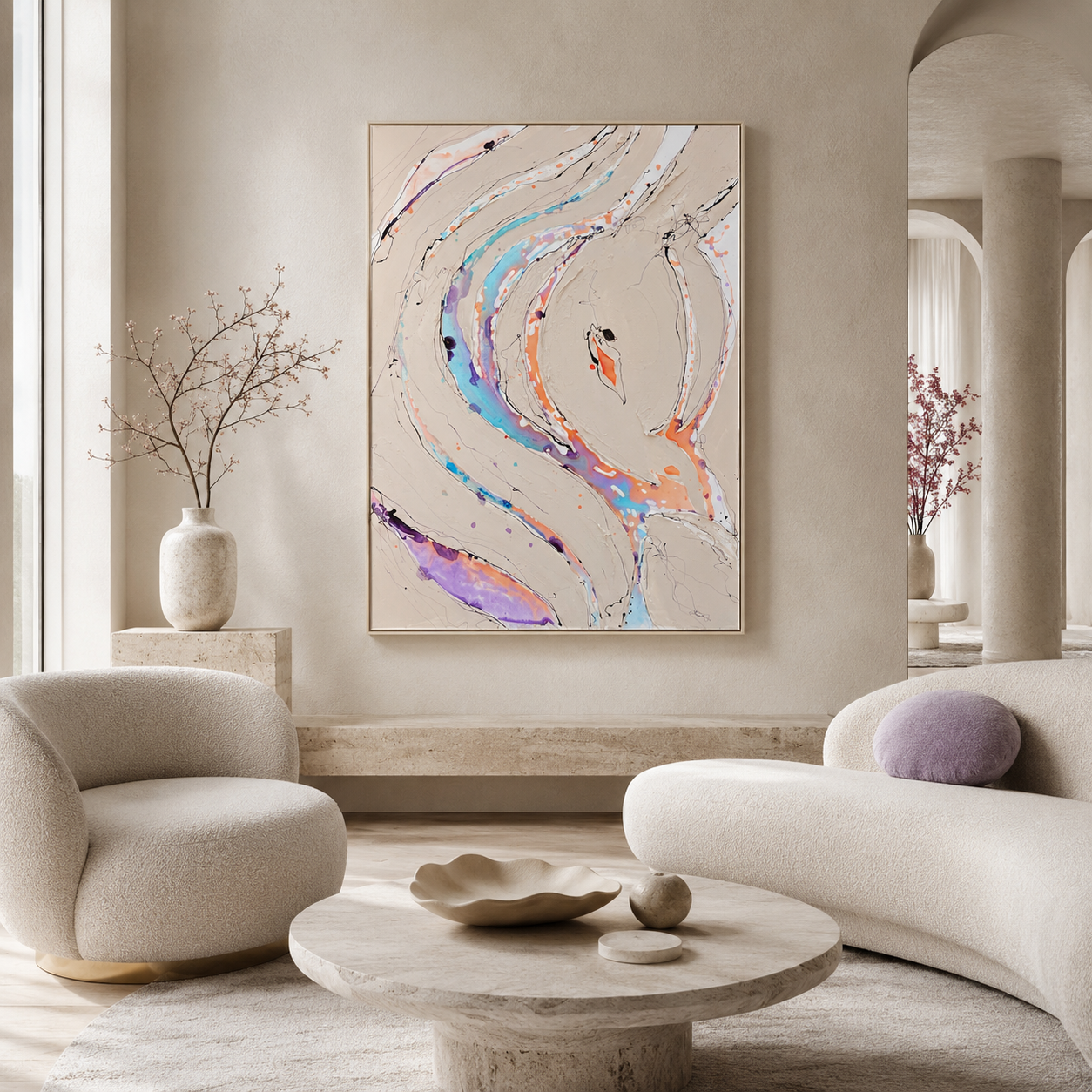 Carried by the Current – Original Flowing Abstract Figure Painting, 73x100cm
