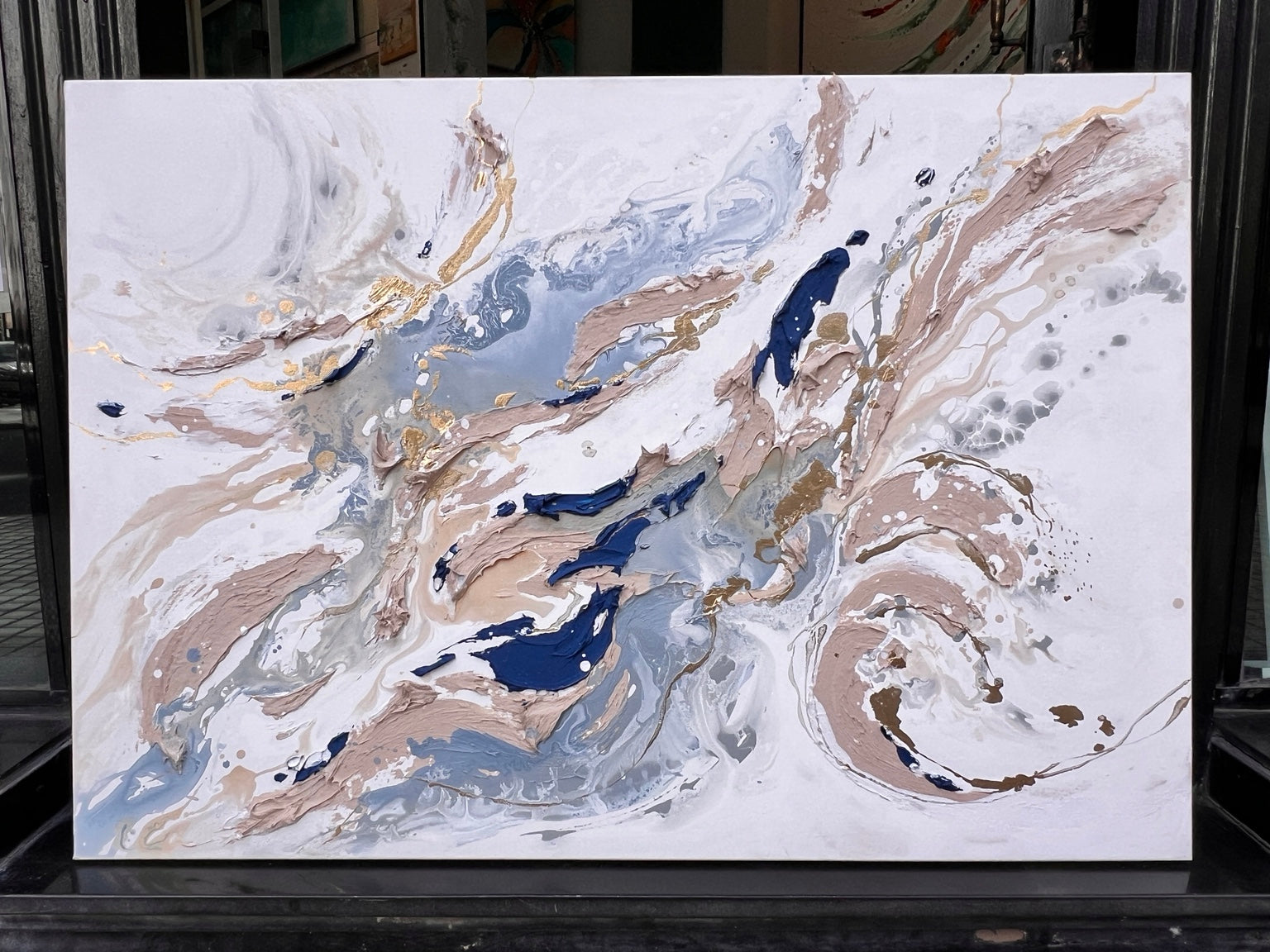Original Moltenism painting by Olena Moloda, 73 × 100 cm, abstract composition in white, blue, beige and gold