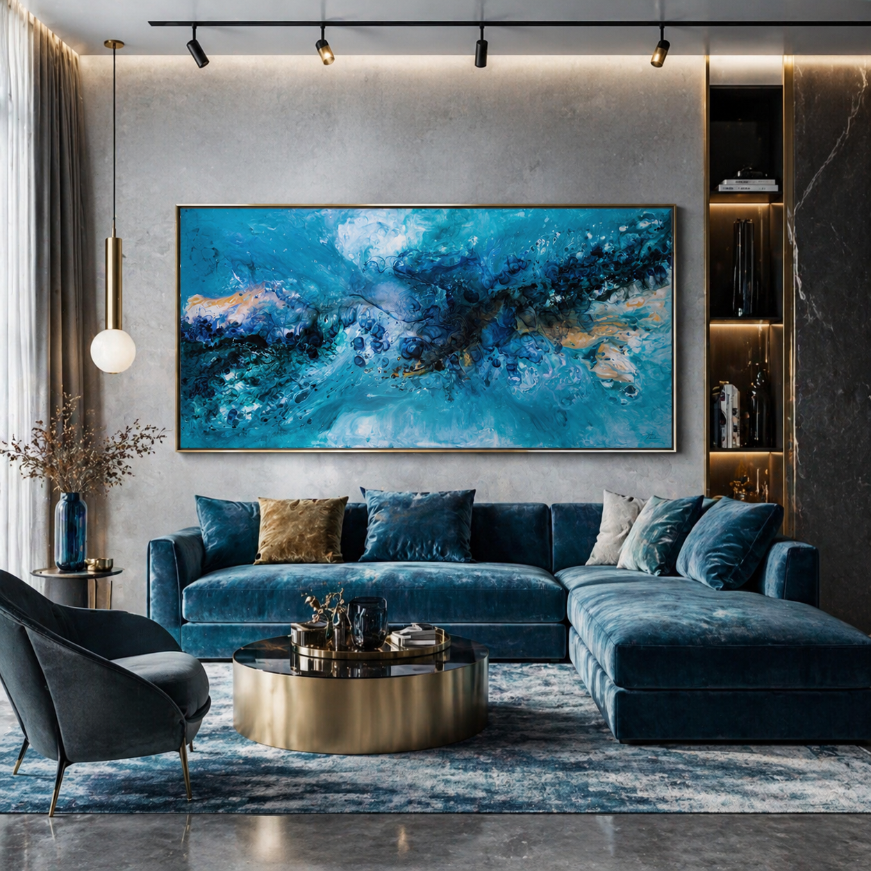 Abstract Canvas Art, Blue Turquoise Flow with Gold Details, 160x80cm, Mona10