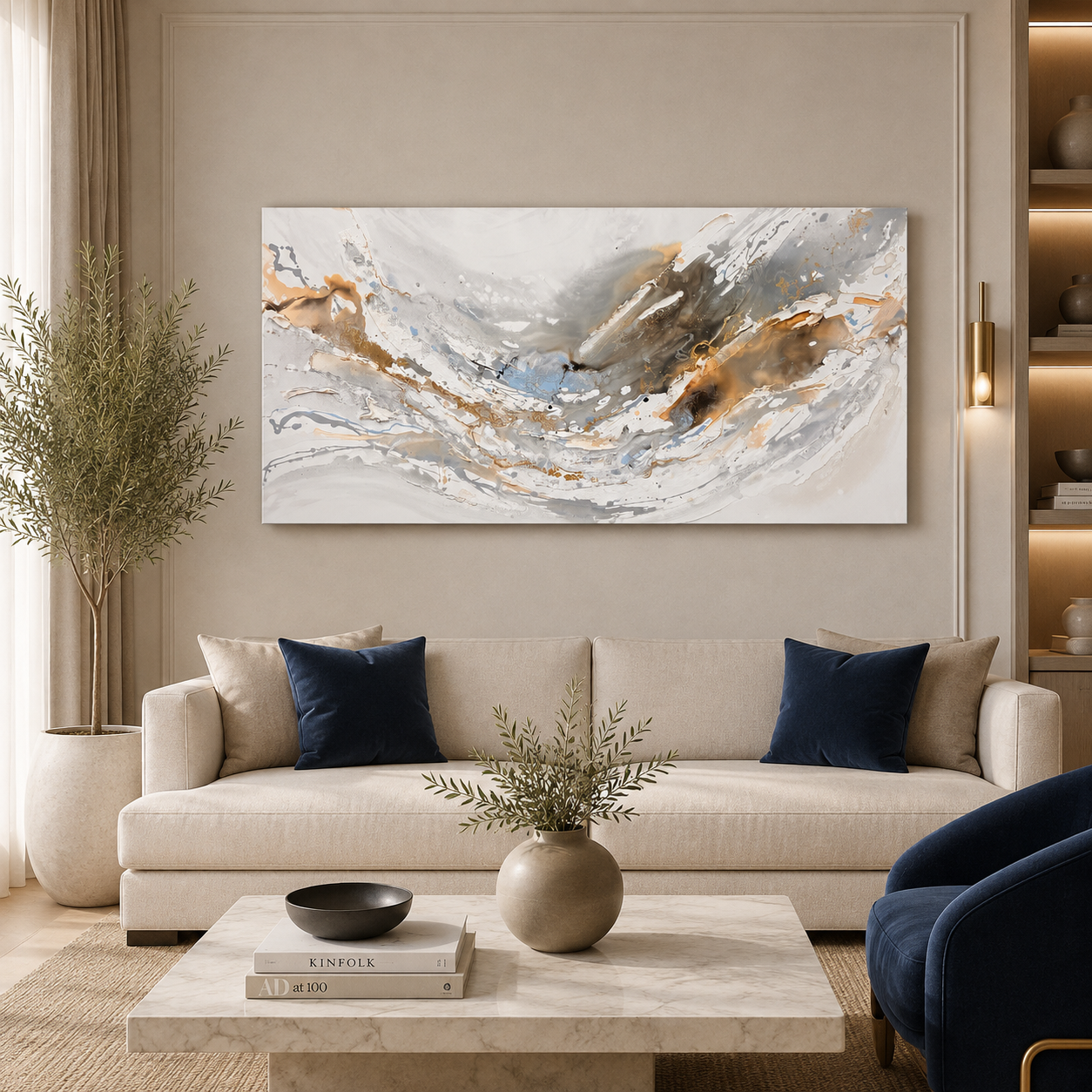 Serenity Tides III original Moltenism painting by Olena Moloda, 70 × 140 cm, shown in a contemporary interior