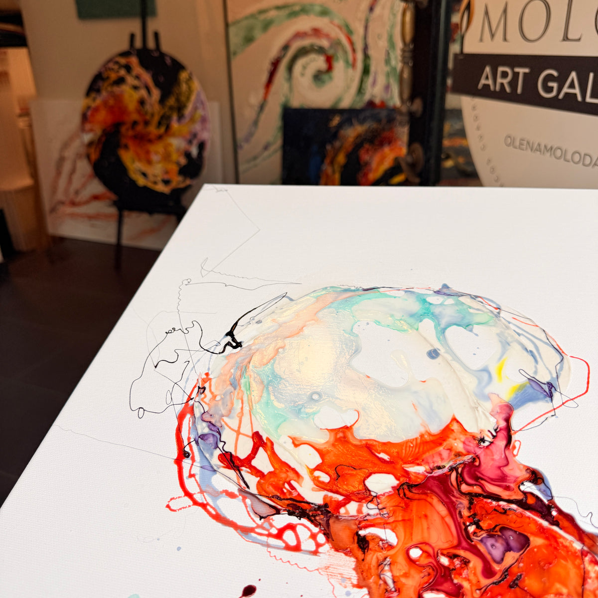 Blue Stillness – Jellyfish Moltenism Painting, 40x80cm
