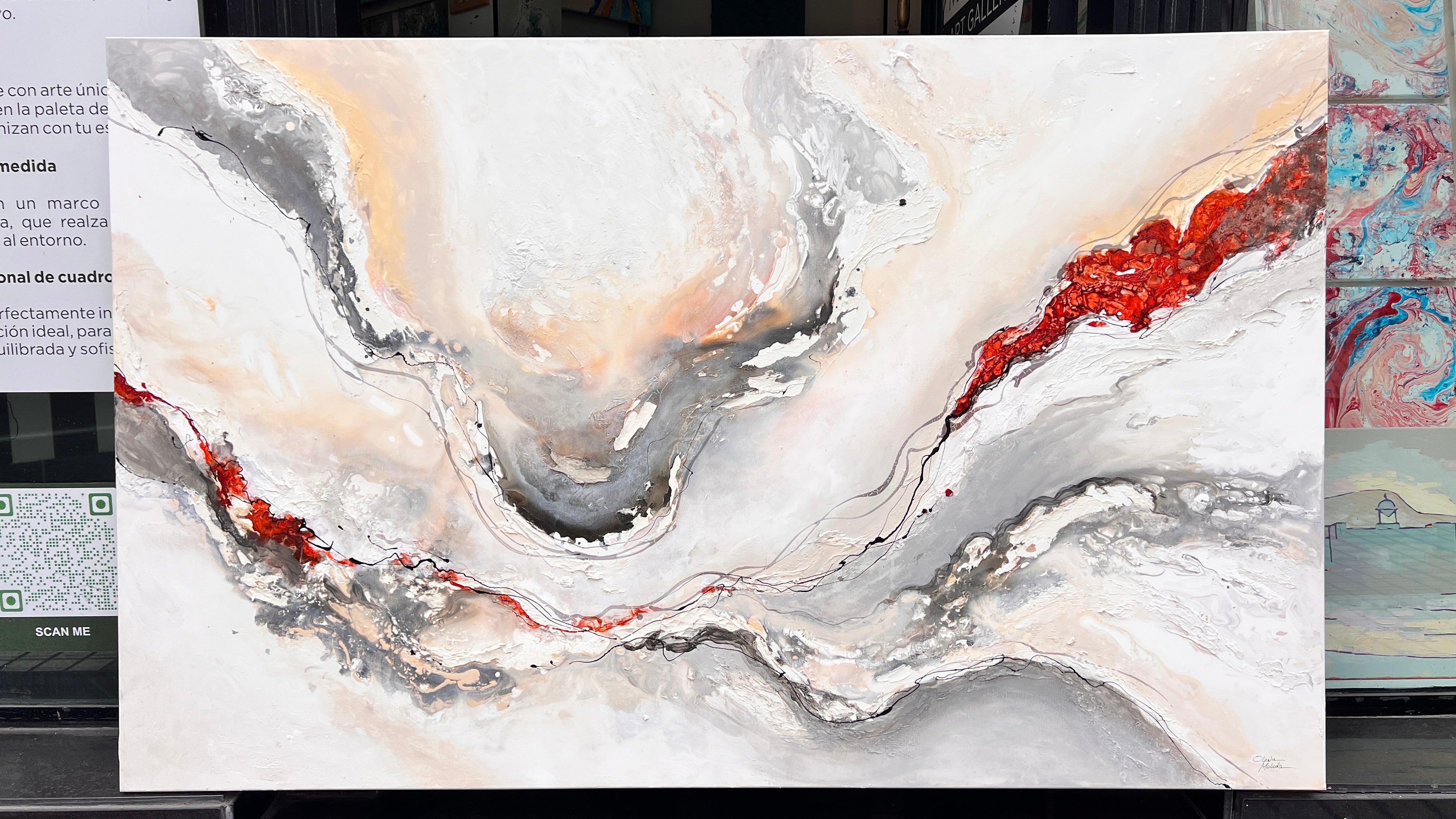 Crimson Flow | Large Neutral Abstract Painting 100 × 160 cm