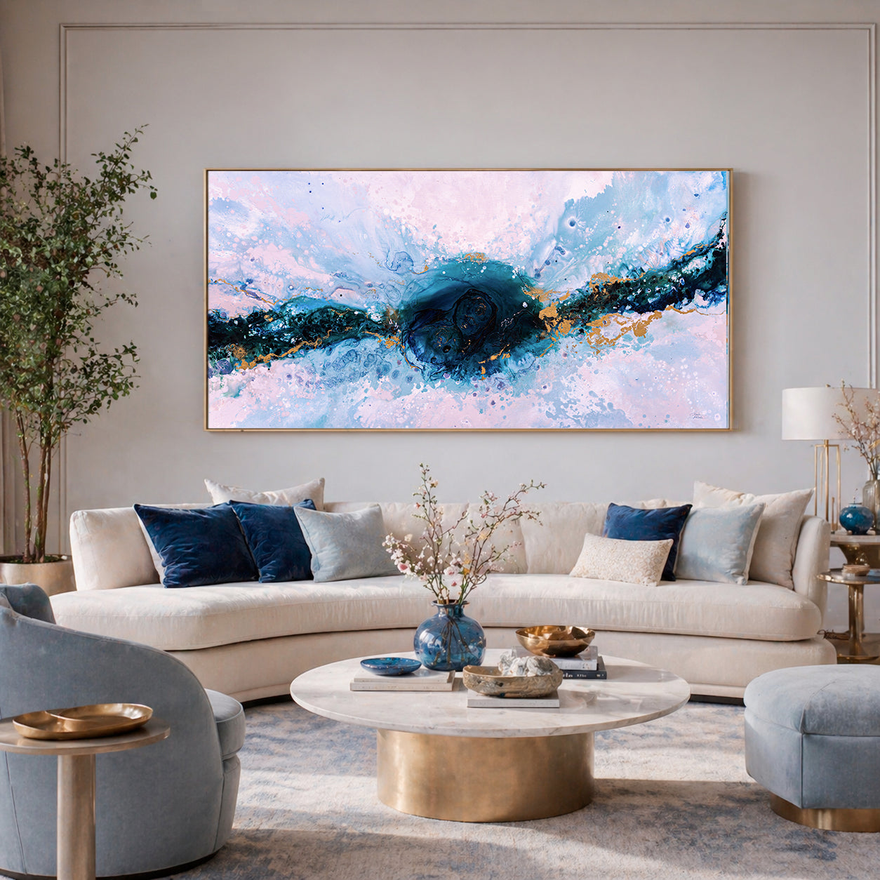 Modern Abstract Painting, Turquoise Blue and Gold on Canvas; 160x80cm, Mona11