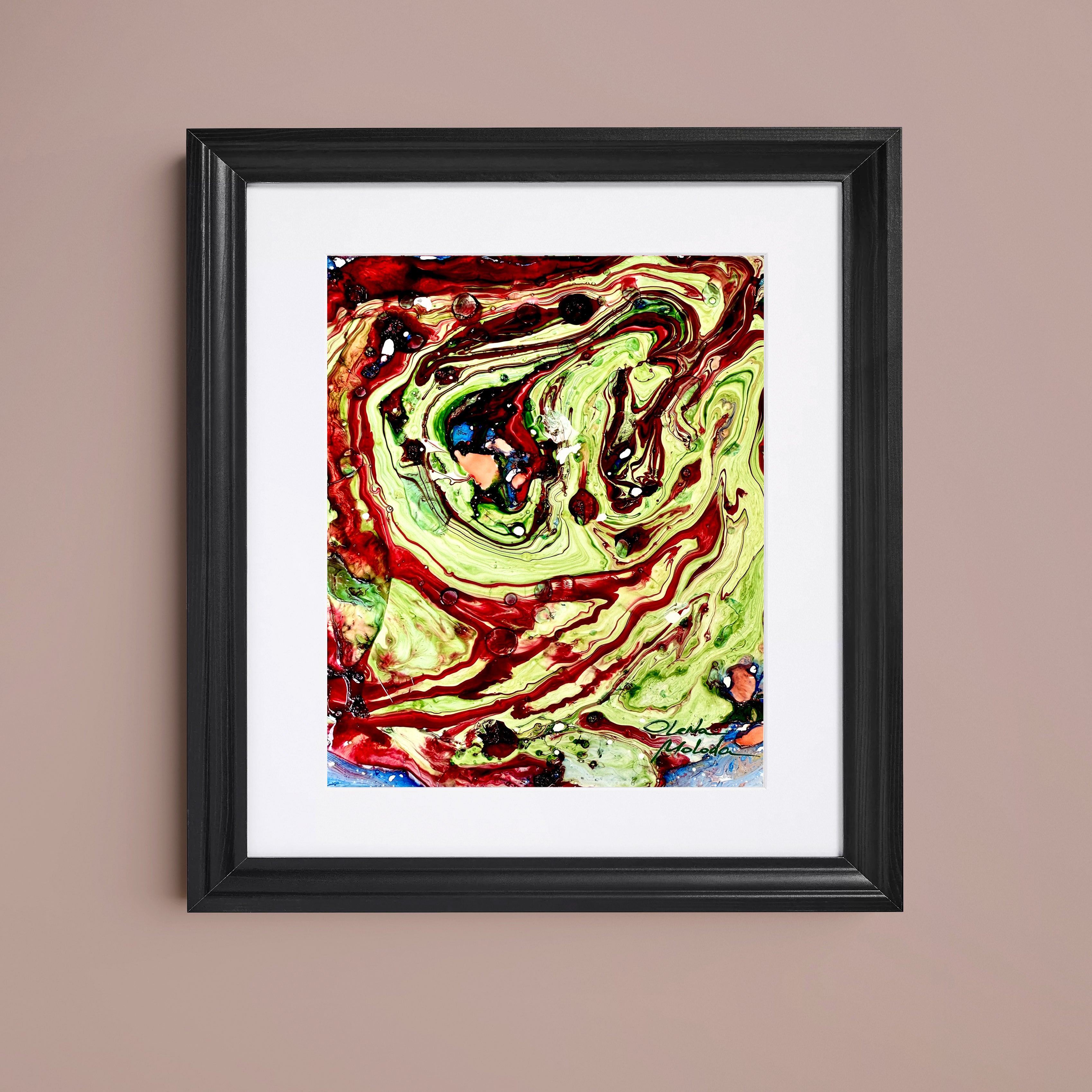 Liquid glass, Original painting on paper, 18x13cm, Green Peaceful World Y116