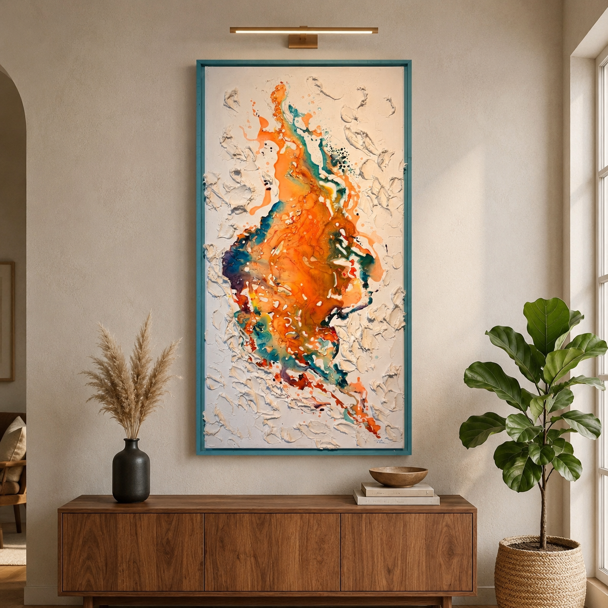 Molten Bloom original Moltenism painting by Olena Moloda, 50 × 100 cm, shown in a contemporary interior