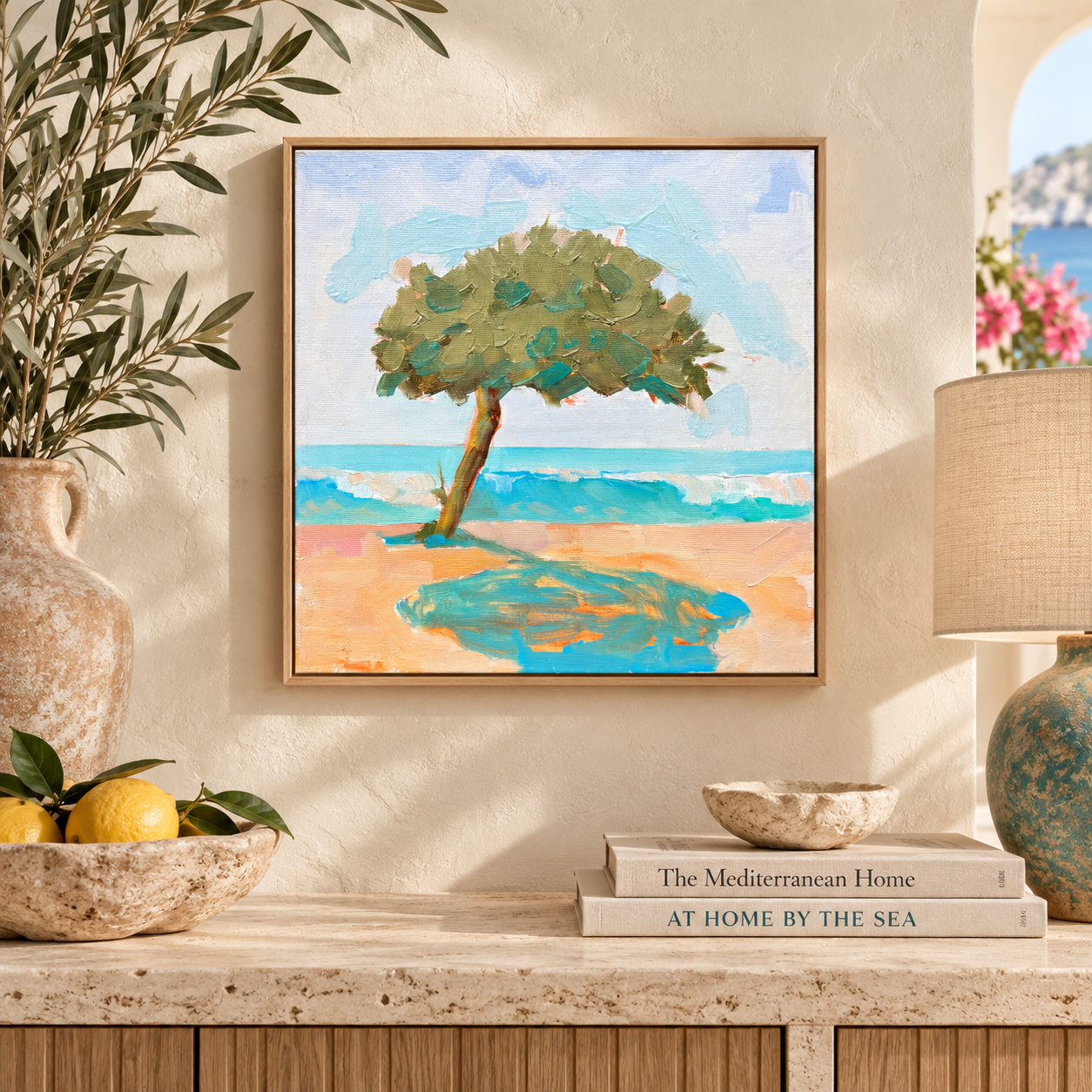 Palm Shade by the Ocean – Beach Painting, 30x30cm