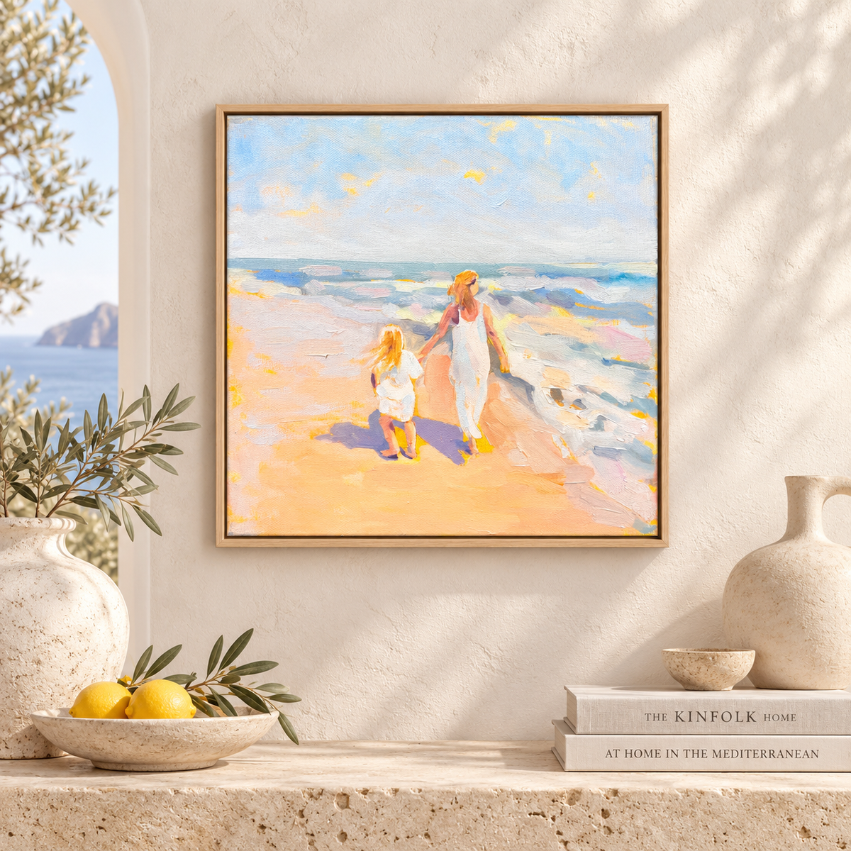 Walking by the Sea — pintura original, 30 × 30 cm